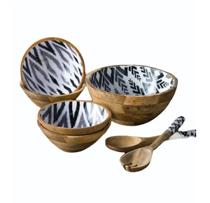 Bol en bois imprimé émail de luxe, 5 pièces avec 2 cuillères, bol de service en bois imprimé géométrique noir et blanc - Product Image 1