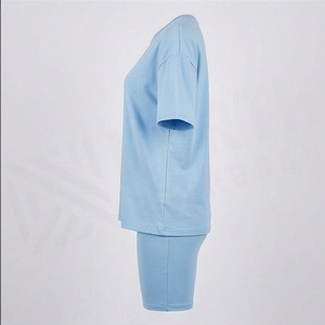 Conjunto de 2 Piezas para Mujer, Camiseta de Manga Corta Azul Claro y Pantalones Cortos por Encima de la Rodilla, Estilo Casual, Holgado, Tejido de Algodón y Elastano, Primavera, Talla S - Product Image 3