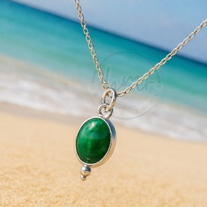 Collier Pendentif Ovale en Onyx Vert Naturel, Argent Sterling 925, Pierre Sertie Closée, Fait Main, Minimaliste, Tendance, Plaqué Rhodium, Chaîne Câble - Product Image 2