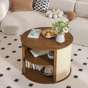 Mesa de centro redonda de estilo bohemio con estantes de almacenamiento de 2 niveles Acabado de tela de saco para sala de estar - Product Image 2