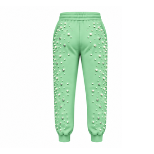 Custom Mint Green Pearl Beaded Jogger Pants <b>Women</b> Luxury Embellished Drawstring Sweatpants Casual Streetwear Fleece <b>Trousers</b> - Product Image 2