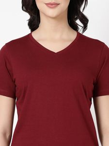 T-shirt col en V confortable pour femme en viscose et coton, à manches courtes, coupe ajustée, vêtement basique décontracté - Product Image 3