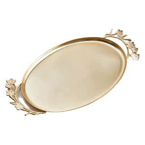 Elegante Bandeja de Servir Ovalada Dorada, Bandeja de Metal con Detalles de Ramas Florales, Ideal para Decoración de Mesa en Hogares Sofisticados - Product Image 2