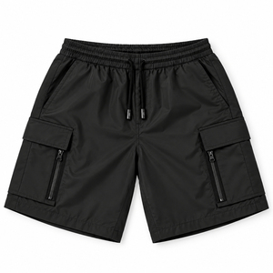 Ensemble de survêtement pour homme en nylon épais noir, coupe-vent avec capuche et fermeture éclair, et short cargo, avec passepoil réfléchissant, Vente en gros OEM - Product Image 6