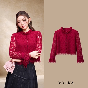 Blusa Roja de Encaje para Mujer con Cuello Peter Pan, Manga Trompeta, Volantes, Capa Transparente, Elegante, Casual, Corta, Transpirable, SUNE - Product Image 1