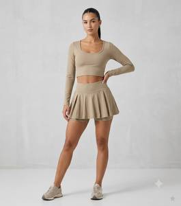 Women’s Long Sleeve Tennis & Activewear Set with Crop Top and High Waist Pleated <b>Skirt</b>, Soft Stretch Fabric. - Product Image 4
