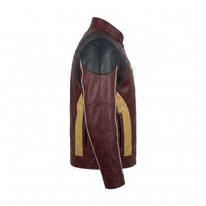 Blouson de motard en cuir véritable bordeaux pour homme, avec épaulettes noires et poche poitrine gris ardoise, fabrication OEM ODM sur mesure, vente en gros - Product Image 3