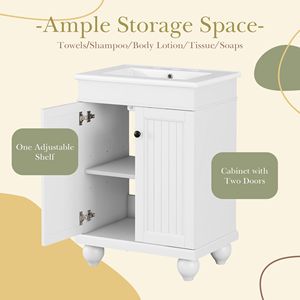 24-Inch Sleek Modern Bathroom Vanity with Elegant Ceramic Sink Solid Wood <b>Frame</b> Adjustable Shelf - Product Image 3