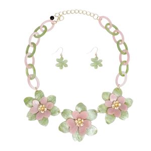 Parure Collier et Boucles d'Oreilles Fleur 3D Marbrée Rose et Verte pour Femme, Bijoux de Mode Élégants, Cadeau de Fête - Product Image 2