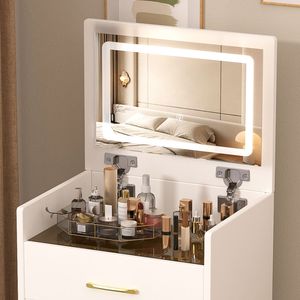 Set da Trucco Compatto 3-in-1 con Specchio Superiore Aperto e Piano in Vetro Visibile, Scrivania da Trucco Piccola con 3 Cassetti - Product Image 5