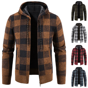 <b>Men</b> Plaid Hooded Fleece Knit Jacket Zip Up Casual <b>Cardigan</b> Thick Winter Outerwear - Product Image 1
