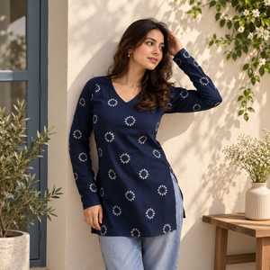 Tunique bleu marine à col en V et manches longues, imprimé blocs, motif à pois blancs, coupe ample, tenue décontractée pour femme - Product Image 4