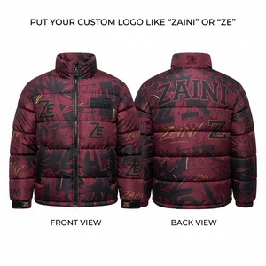 ZAINI Premium 300 GSM Polyester <b>Puffer</b> <b>Jacket</b> <b>Burgundy</b> Black Camouflage Quilted Panels Winter Hooded Windproof & Waterproof - Product Image 1