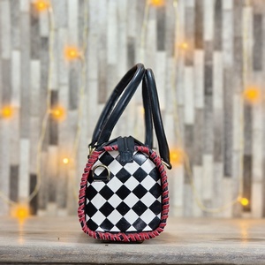 <b>Top</b> Selling Genuine Leather Duffel Bag Black White Checkered Pattern <b>Cherry</b> Embroidery <b>Top</b> Handle Zipper Closure Casual Style - Product Image 3