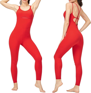 Combinaison de yoga rouge taille haute pour femme, sans manches, à bretelles, effet ventre plat, longueur intégrale, coupe ajustée, couleur unie - Product Image 5