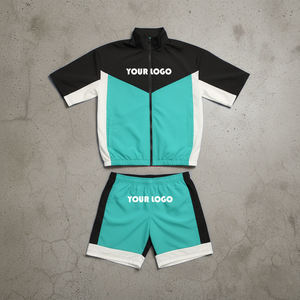 <b>Men's</b> Color Blocking Sporty Short Sleeve <b>Jacket</b> And Shorts Set Quick Dry <b>Summer</b> Wear With Logo Printing - Product Image 3