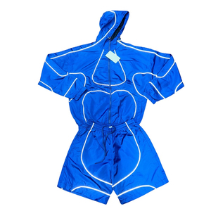 Conjunto Deportivo con Capucha Verde para Hombre con Líneas Blancas Reflectantes, Chaqueta y Pantalones Cortos de Poliéster de Secado Rápido para Verano - Product Image 3