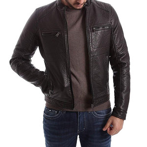 Blouson universitaire classique en cuir enduit style collégien pour homme, à capuche, col montant, avec design frontal - Product Image 1