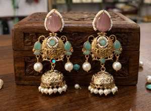 Pendientes de botón chapados en oro vintage con jade verde, circonita y perla de imitación, diseño de campana, estilo étnico para mujer, joyería de boda - Product Image 3