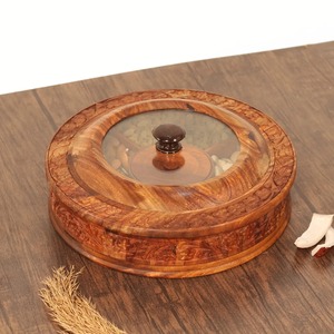Boîte de rangement à épices en bois à 3 compartiments bicolore marron, organisateur de masala avec cuillère, outil pour herbes et épices - Product Image 3