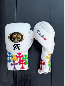 Professional No Boxing No Life Canelo White Multi Real Cowhide Leather Boxing Gloves Mexican Style Lace-Up Lightweight - Product Image 3