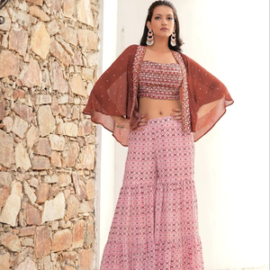 Ensemble Fusion Sharara avec Cape Marron et Haut Orné de Miroirs - Product Image 1