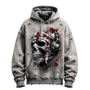 Custom Distressed Skull Graphic Hoodie Acid Washed Oversized <b>Vintage</b> Y2K Streetwear Heavyweight Ripped Pullover <b>Sweatshirt</b> - Product Image 1