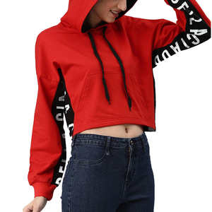 Sweat-shirt à capuche court rouge pour femme, manches imprimées, coton, streetwear décontracté - Product Image 1