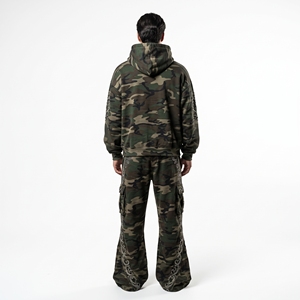 Mens <b>Camouflage</b> <b>Cargo</b> Hoodie Tracksuit Rhinestone Embroidery Wide Leg <b>Pants</b> Custom Streetwear Sportswear Matching Set - Product Image 2