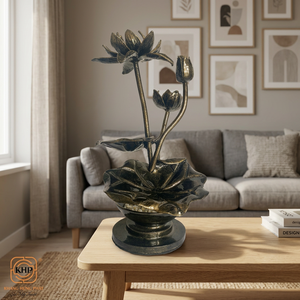 Statue de fleur de lotus en fer forgé plaqué or, décor mural de style oriental peint pour la décoration de la maison - Product Image 3