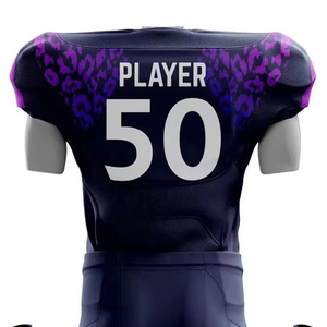 Ensemble uniforme de football américain pour homme, motif léopard bleu marine et violet, maillot et pantalon sublimés, ajustés, en polyester respirant et anti-humidité - Product Image 5