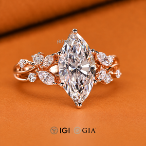 Anillo de compromiso con diamantes talla marquesa y piedras laterales, diseño de cesta de tulipanes, anillo de boda con diamantes cultivados en laboratorio, hecho a mano - Product Image 2