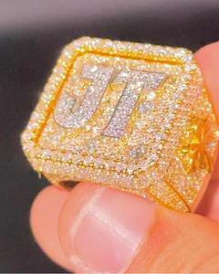 Custom Initial Letter Iced Out Diamond <b>Ring</b> <b>Mens</b> Hip Hop Two Tone <b>Gold</b> Square Signet <b>Ring</b> Personalized Name Bling Pinky <b>Ring</b> - Product Image 4