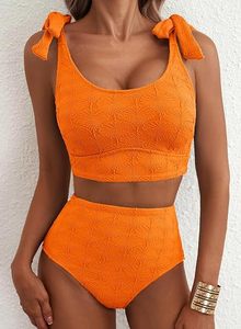 Women's Orange Textured Bikini Set Scoop Neck High Waist Two Piece Swimwear With Ruffle Straps Stretch Spandex Polyester - Product Image 2