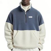 Sweat-shirt à demi-zip en polaire pour homme, col montant, coupe oversize, décontracté, hiver, polaire sherpa, bleu et blanc