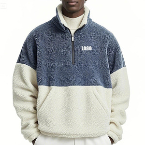 <b>Men's</b> Color Block Fleece <b>Half</b> <b>Zip</b> Sweatshirt Stand Collar Oversized Casual Winter Sherpa Fleece <b>Jacket</b> Blue White - Product Image 3