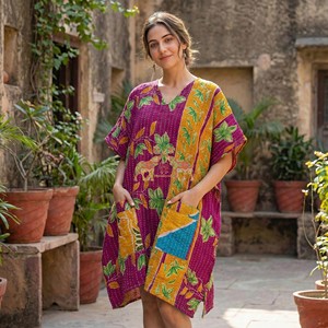 Most Selling Indian Handmade 100% Cotton Vintage Kantha Quilted <b>Kaftan</b> for Women Midi Length Dress - Product Image 5