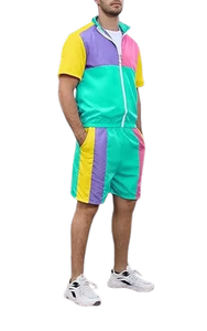 Men's Color Blocking Tracksuit Short Sleeve Zipper Front Sporty Summer Lightweight Polyester Shorts Set with Side <b>Pockets</b> - Product Image 2