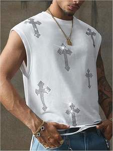 Camiseta sin mangas con gráfico de diamantes de imitación al por mayor para hombre, estilo streetwear con lavado ácido, logotipo personalizado, fábrica OEM - Product Image 4