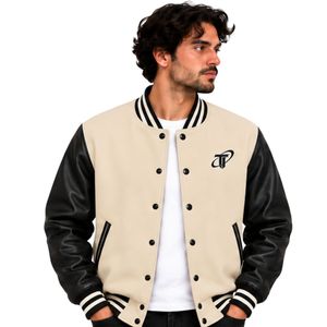 <b>Men</b> Beige Black Varsity <b>Jacket</b> <b>Faux</b> <b>Leather</b> Sleeves Snap Button Baseball Bomber Striped Ribbed College Streetwear <b>Jacket</b> for <b>Men</b> - Product Image 1