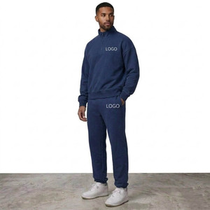 Unisex Navy Blue Quarter-Zip Tracksuit Set Full Sleeve Solid Color Casual Wear Breathable Cotton Sweatshirt <b>Pants</b> Autumn Style - Product Image 3