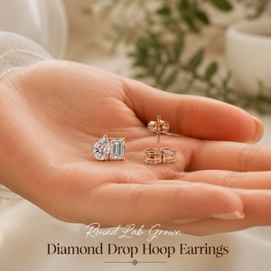 <b>Emerald</b> & Pear Lab Grown Diamond Toi et Moi <b>Stud</b> <b>Earrings</b> | 10K Gold Modern Minimalist <b>Earrings</b> | Luxury Fine Jewelry for Women - Product Image 3