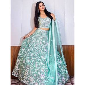 Fascinating Blue <b>Sequins</b> Net Reception Lehenga Choli Set with Dupatta - Product Image 6