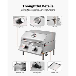 2-Burner <b>Stainless</b> <b>Steel</b> Tabletop <b>Gas</b> Grill Portable Propane <b>BBQ</b> with Built-In Thermometer Weatherproof Lid Travel Locks - Product Image 6