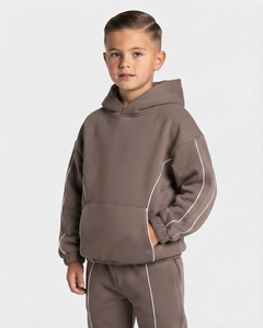 Custom Contrastline Mocha <b>Oversized</b> Kids Boys Tracksuit Set Cotton Fleece Hoodie & Wide Leg <b>Sweatpants</b> OEM & ODM Manufacturer - Product Image 6