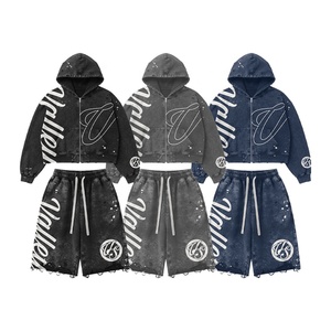 Ensemble sweat à capuche et short délavé pour homme, motif lettres imprimées, style streetwear, taille élastique avec cordon de serrage, fermeture éclair avant, style USA - Product Image 1