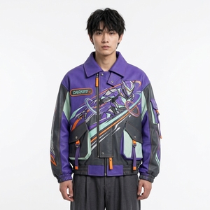 New Trend Streetwear Bomber <b>Jacket</b> Character Print Turn-down Collar Zipper Front Patch Designs Autumn Regular Fit - Product Image 1