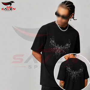 Camiseta Negra Sólida con Escote Floral y Pedrería, para Mujer y Hombre, con Gráficos de Cristales Brillantes Hot Fix, Hombros Caídos, Estilo Urbano - Product Image 3
