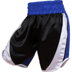 Professional <b>Black</b> & Blue Satin Muay Thai Shorts - White Side Panel Kickboxing <b>Trunks</b> - Breathable Sports Wear - Product Image 1