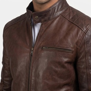 Chaqueta de Motociclista para Hombre, de Cuero Genuino Marrón, Ecológica, 300g, Cuello Alto, Impermeable, Transpirable, con Cierre de Cremallera - Product Image 3